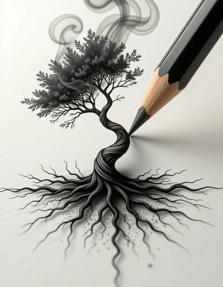 Charcoal Pencil Births Twisted Tree in Surreal Style