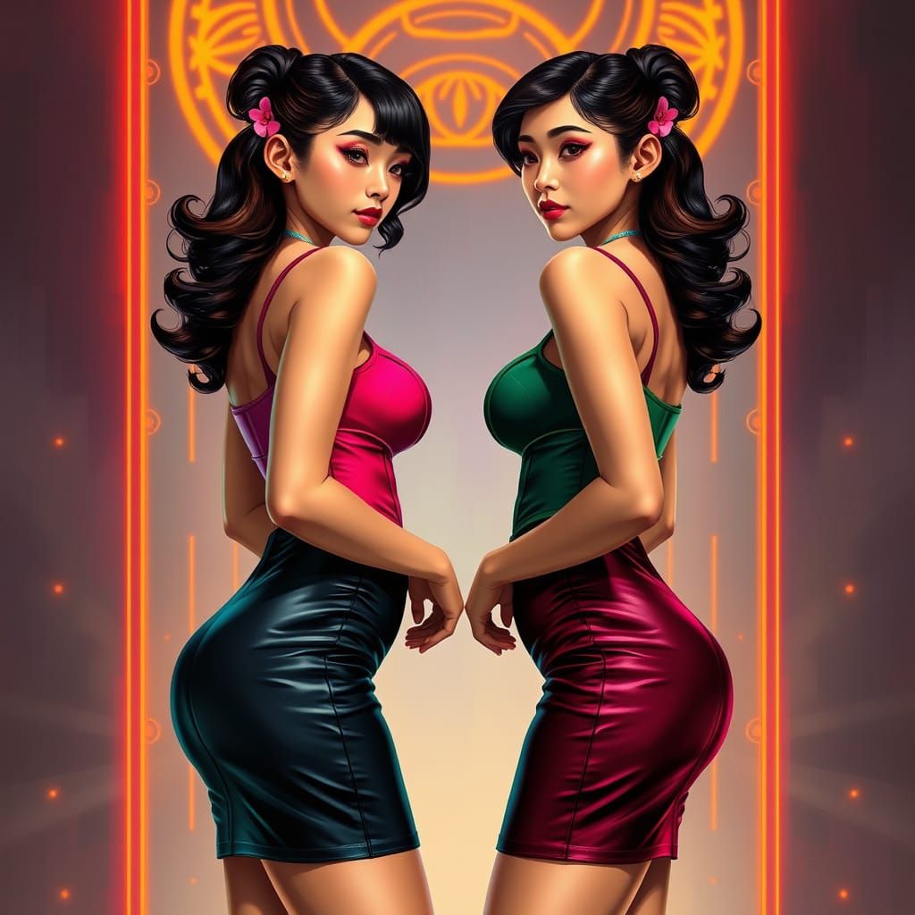 Twin Sisters in Art Nouveau Futuristic Style