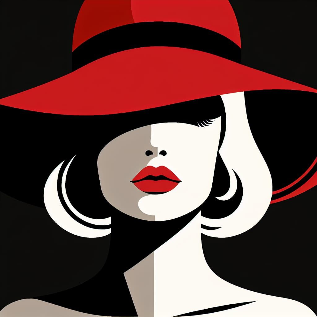Woman in Red Hat: Minimalist Film Noir Illustration