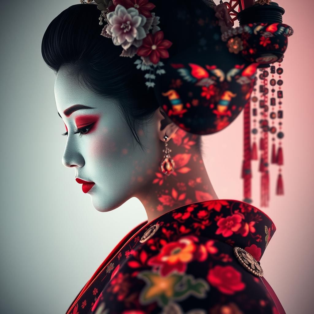 Colorful Traditional Geisha Double Exposure Portrait