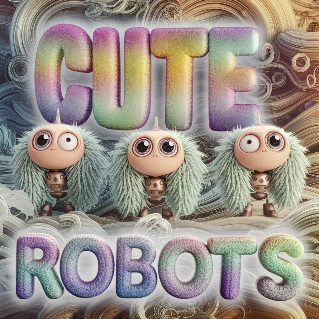 Three cute little robots, with big round eyes in a cute, futuristic and fantastic world  with large, fuzzy, 3-D letters ...