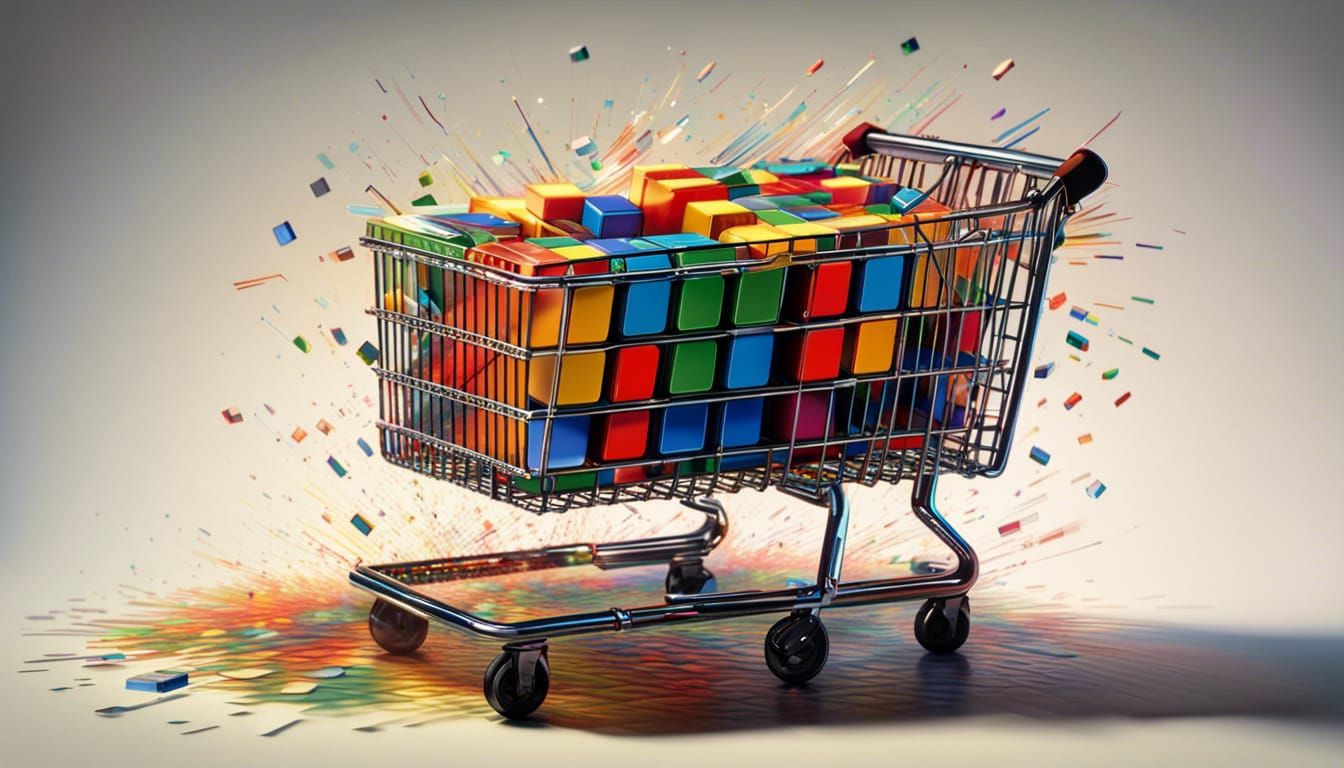 Rubik's Cubes Overflowing in 1980s Shopping Cart