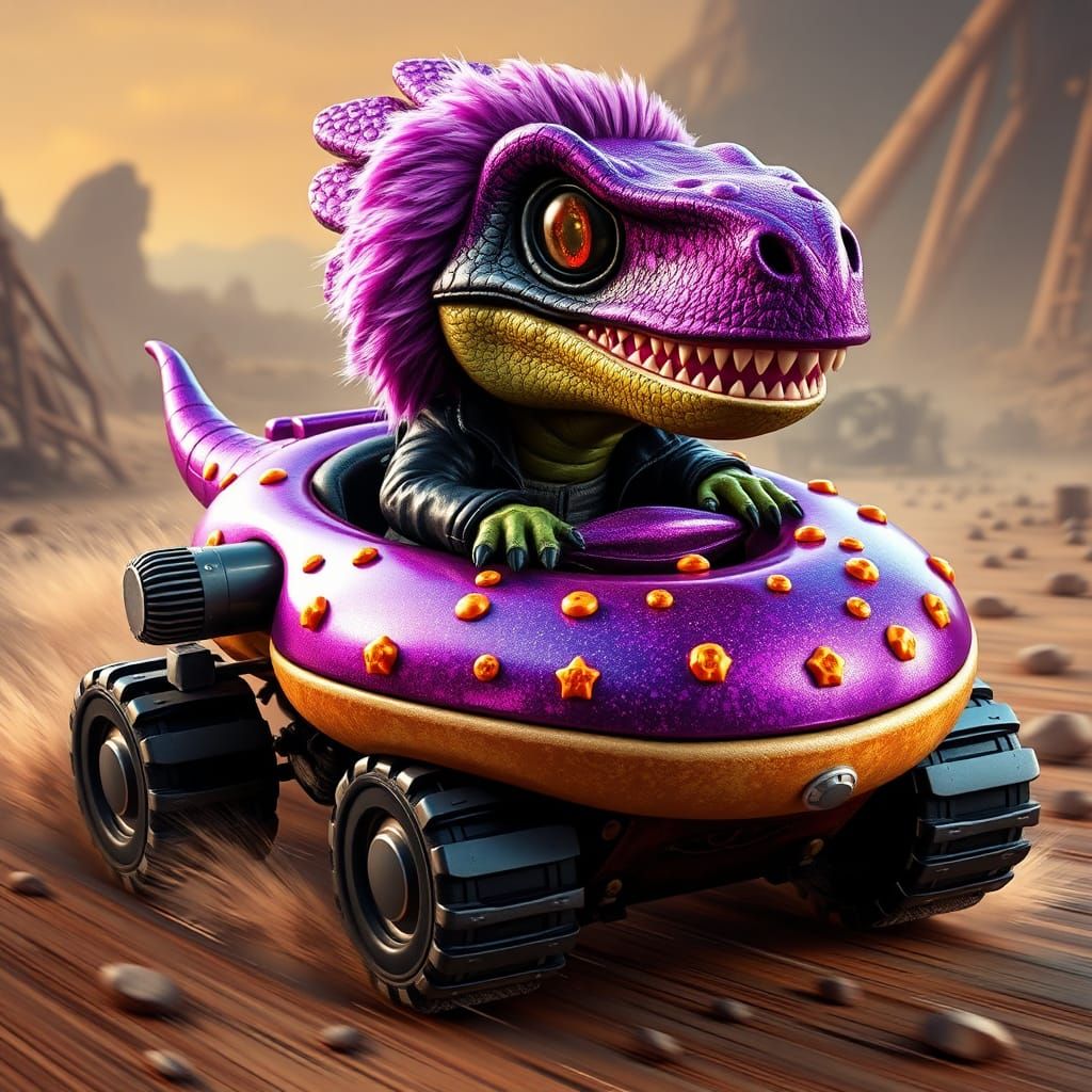 Chibi Raptor Races Donut Tank in Apocalyptic Wasteland