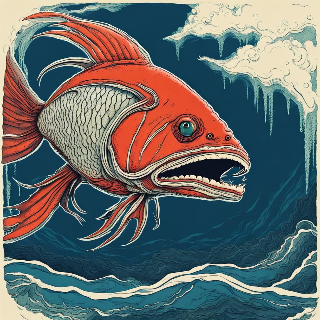 Giant Monster Fish in Deep Blue Ocean: Retro Sci-Fi Horror