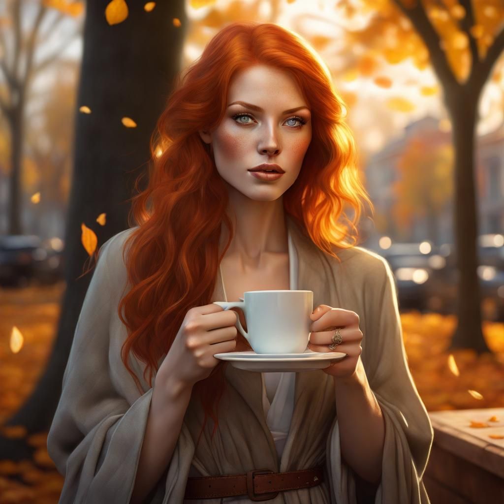 Redhead Woman Drinking Coffee in Autumn Sunlight
