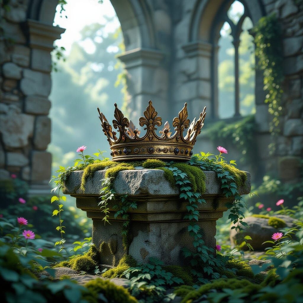 Ancient Moss-Covered Crown in Ruined Kingdom