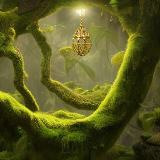 Mossy Room with Golden Pendant: 8K Concept Art