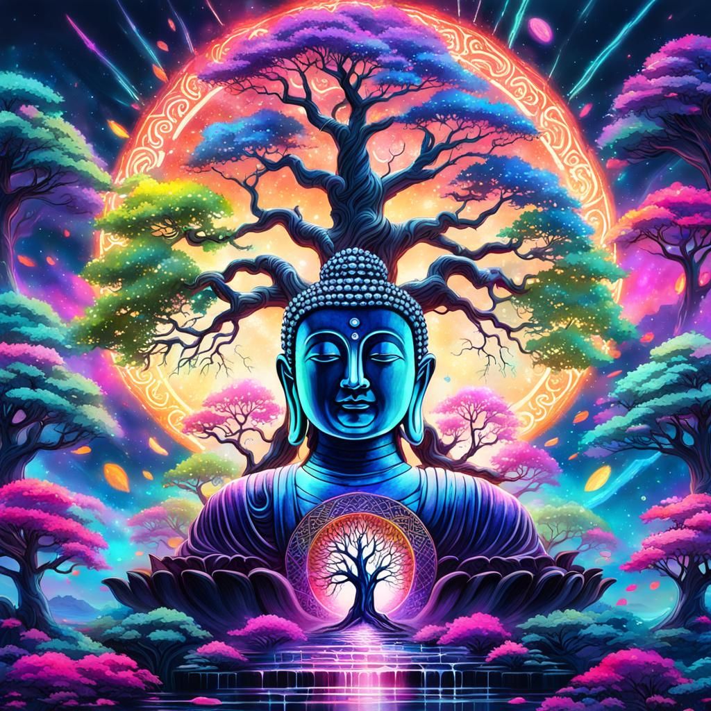 Neon Buddha Dream Tree: Detailed Fantasy Art