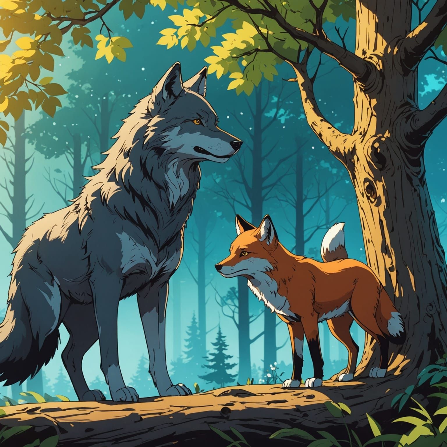 Wolf and Fox Chat in Anime Style