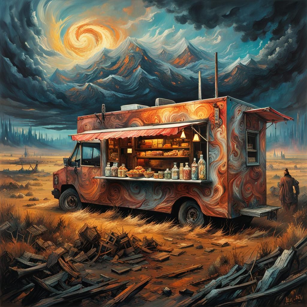 Post-Apocalyptic Food Truck in Suminagashi Style