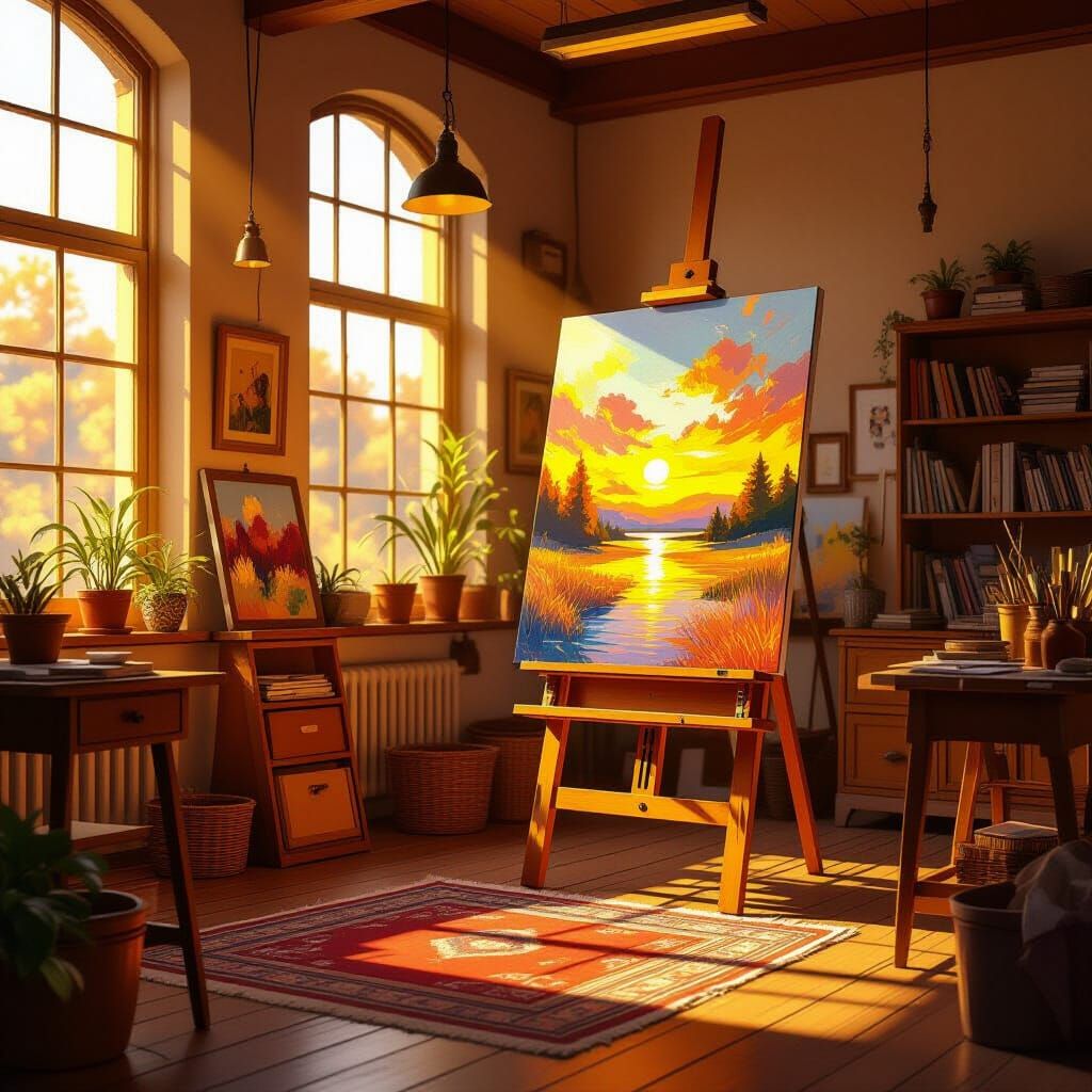 Artistic Studio in Oil Painting Style