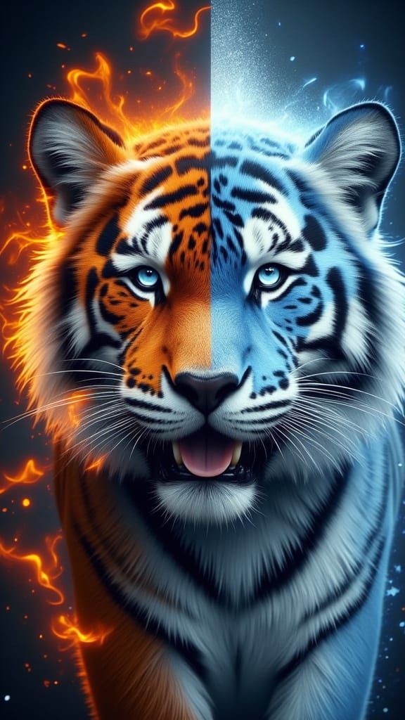 Cyberpunk-Style Double Exposure of Red and Blue Tigers in a ...