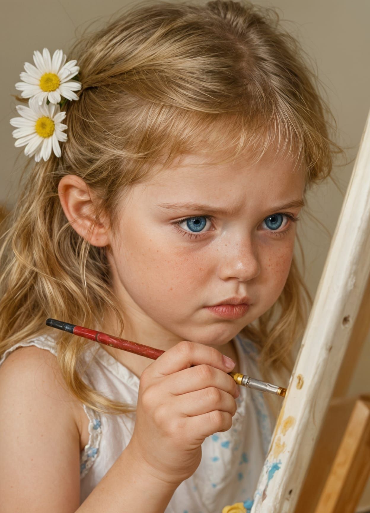 Focused Young Artist Painting with Freckles and Blue Eyes