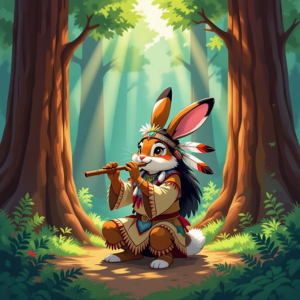 Rabbit Forest Spirit in Ghibli-Inspired Native American Art