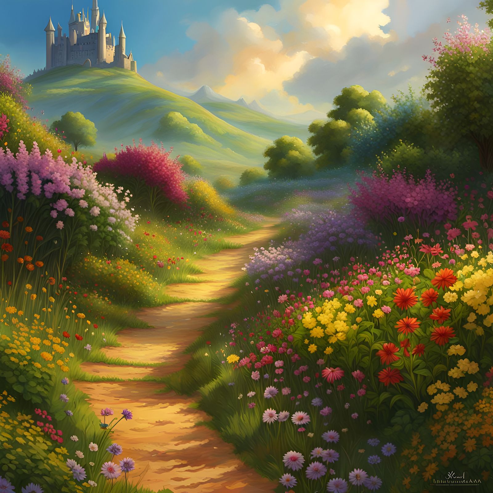 Path through a field of flowers, distant castle, art by susa...