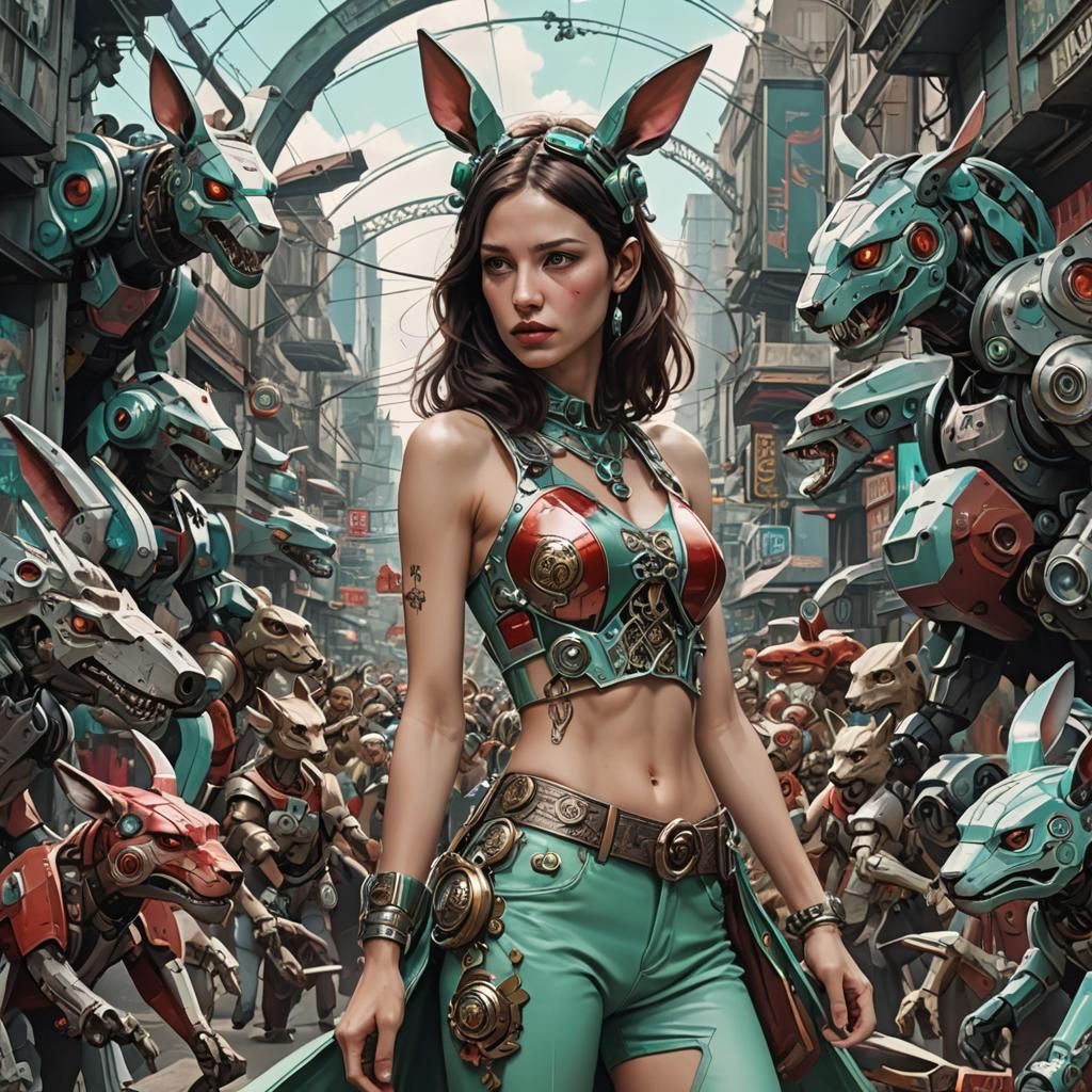 Brunette Singer in Cyberpunk Steampunk Cityscape