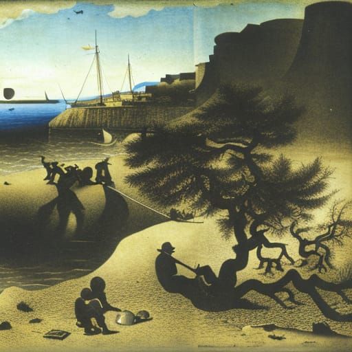 Clowns and Jesters on a Beach as Oil Painting