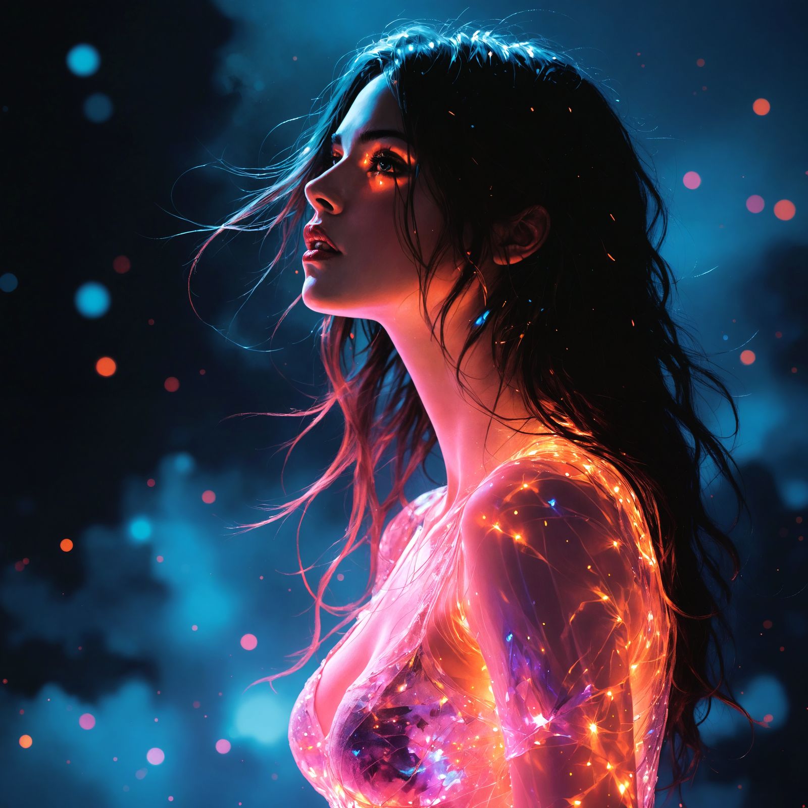 Ethereal Woman Silhouette in Cyberpunk Glow