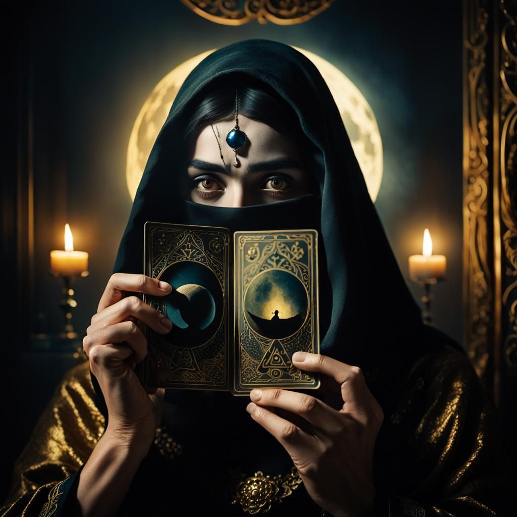 Dark Fortune Teller with Tarot Card in Surreal Style
