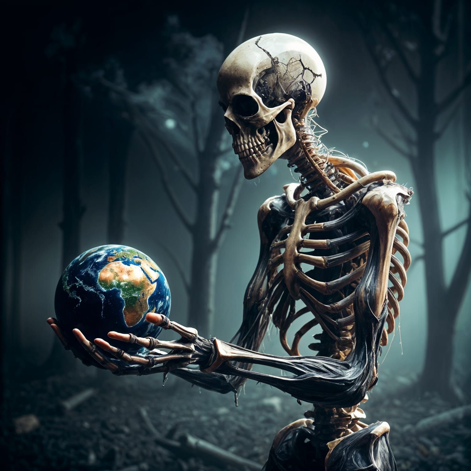 Transparent Giant Skeleton Holding Earth in its Palm