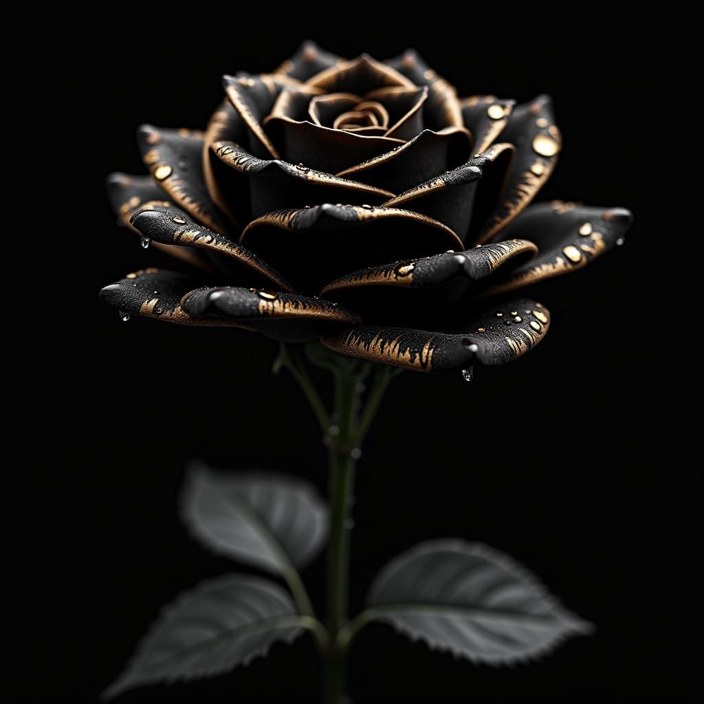Luxurious Black Rose Adorned with Golden Accents and Raindro...