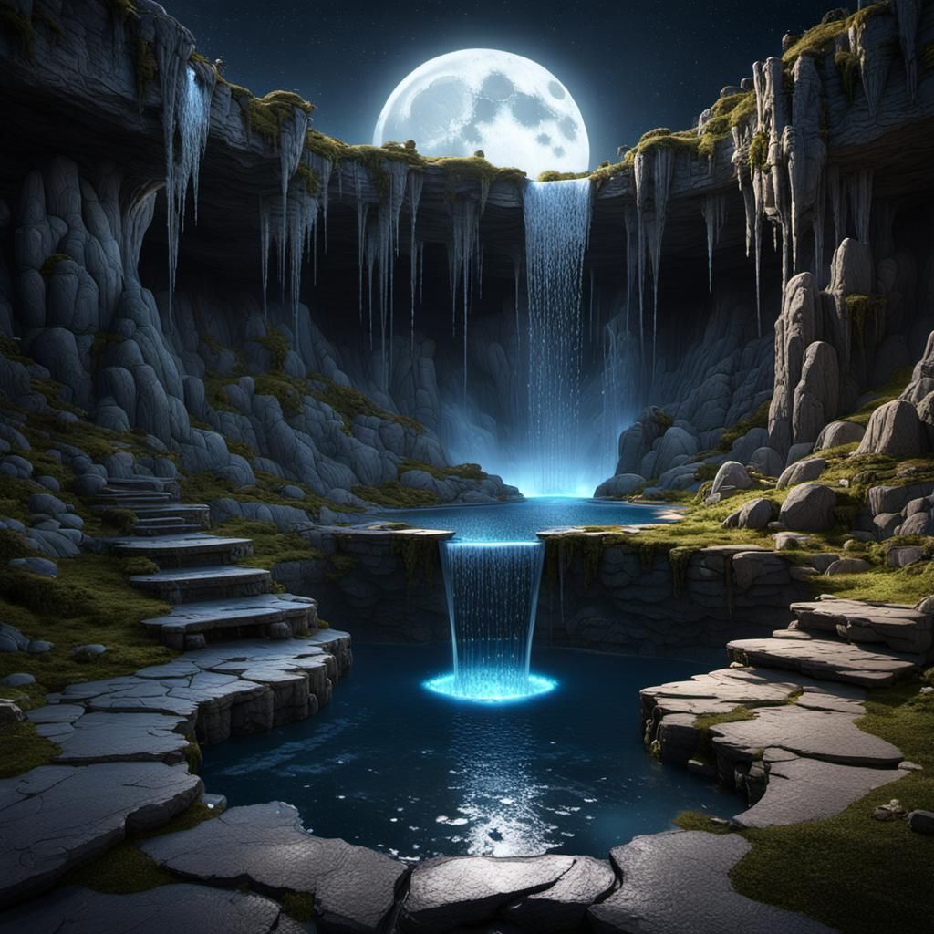Moonlit Pool Reflecting Stars, Detailed Matte Painting