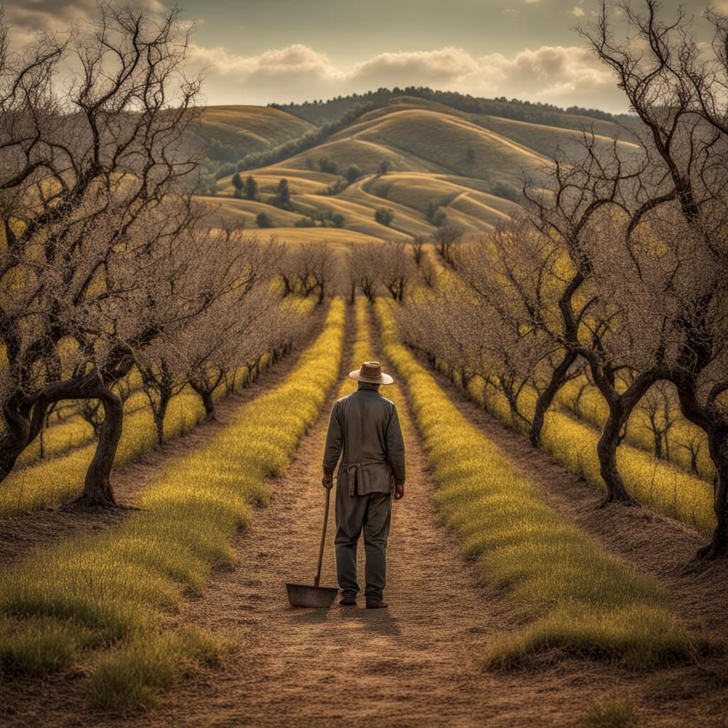 Hyperrealistic Image of Farmer in Orchard at Sunset