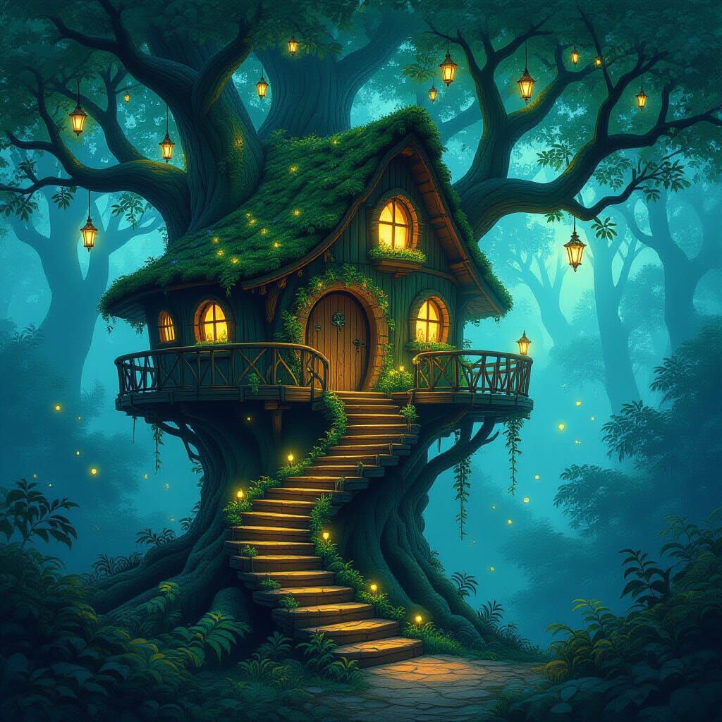 Enchanting Treehouse in Bioluminescent Forest