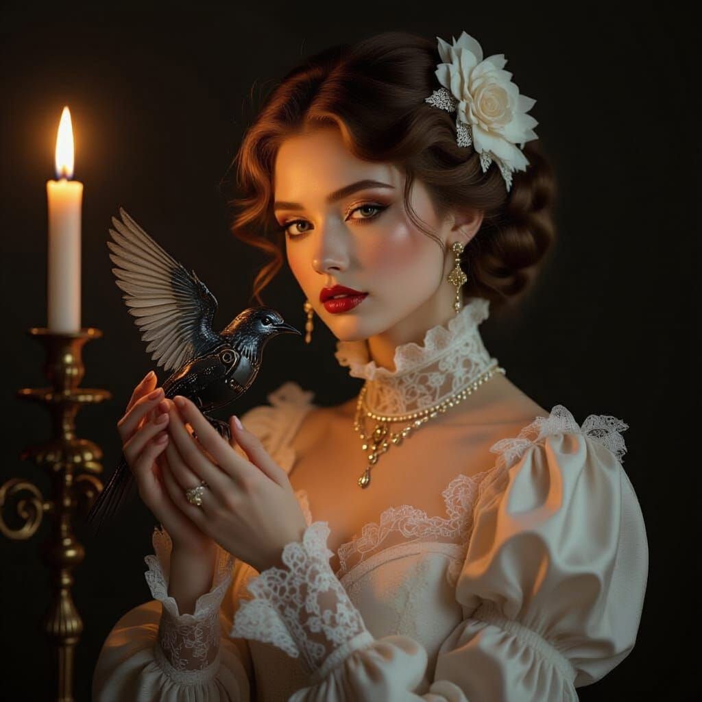Chiaroscuro Portrait: Woman and Mechanical Bird