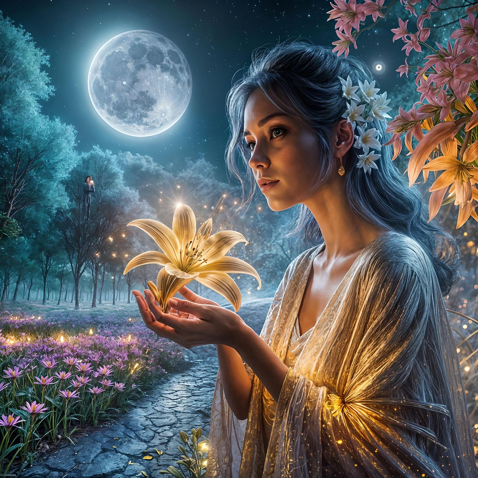 Woman with Golden Lily in Moonlight