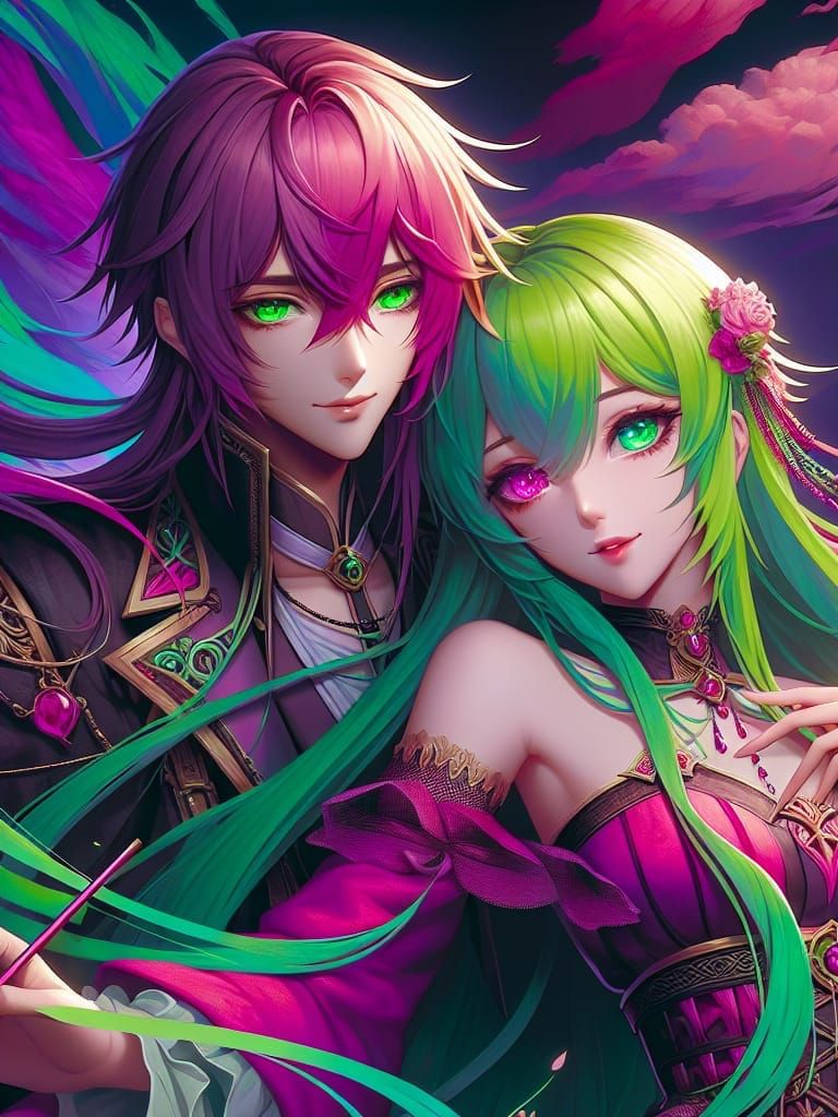 Fantasy Anime Couple in Romantic Embrace