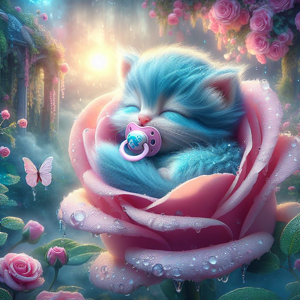 Azure Kitten Sleeps in Rose, Digital Illustration