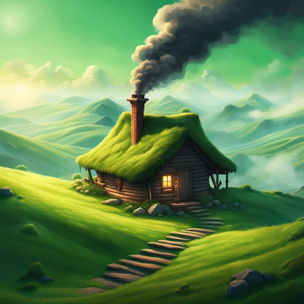 Serene Hut on Green Hill: Digital Art Render