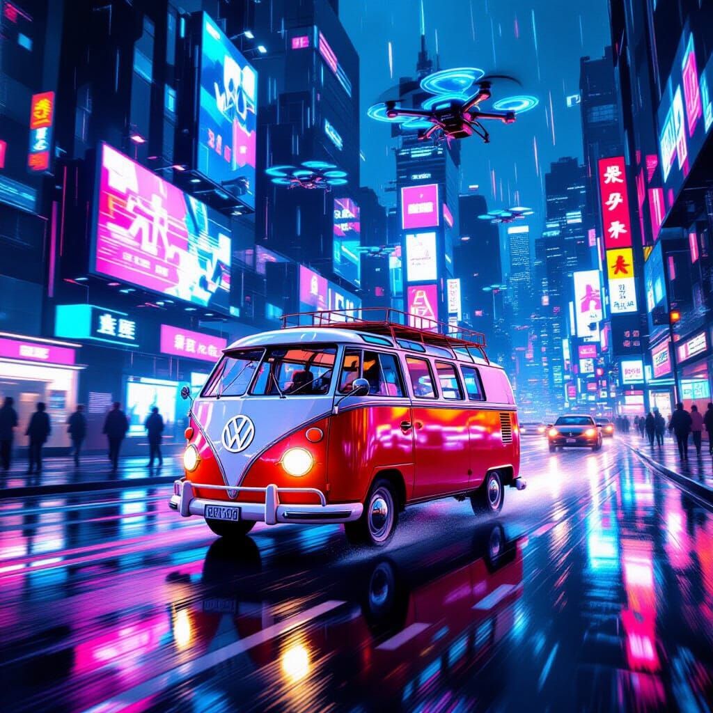 Cyberpunk City Street with Retro Van and Drones