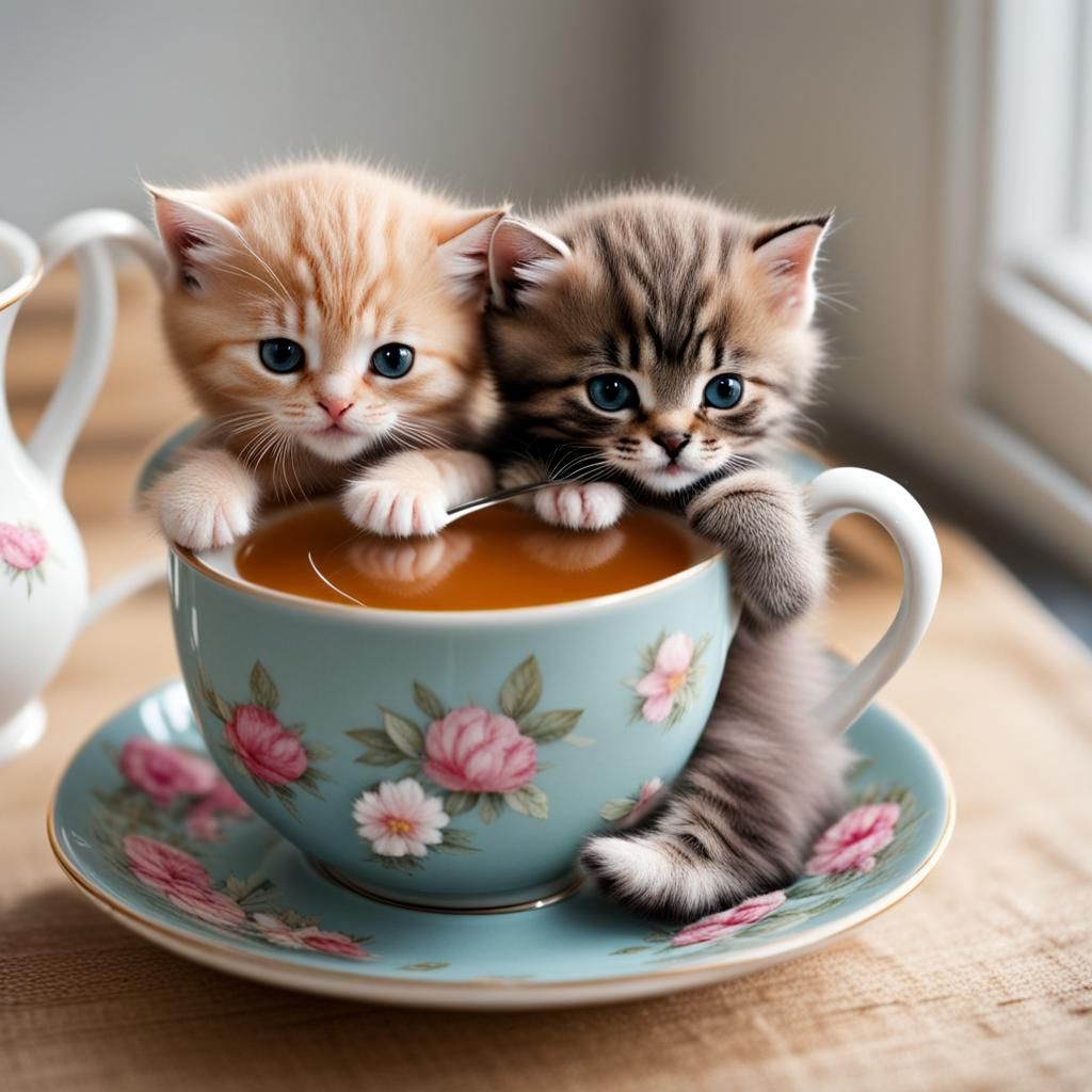 Kittens Cuddled in a Teacup