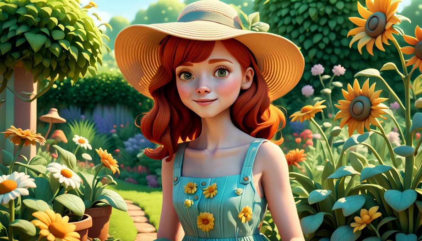 Redhead Gardener in Pixar-Style 3D Render