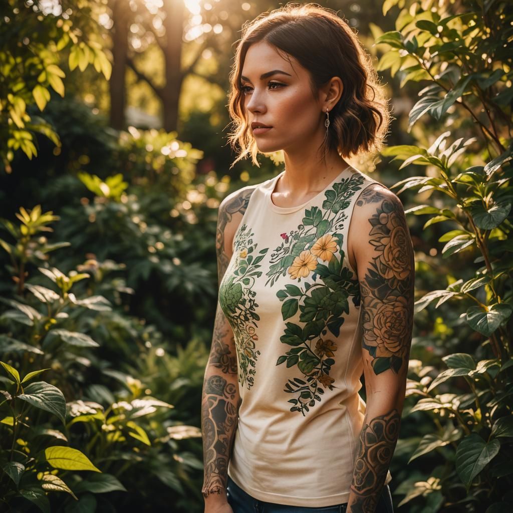 Girl with Tattoo in Sunlit Garden Portrait