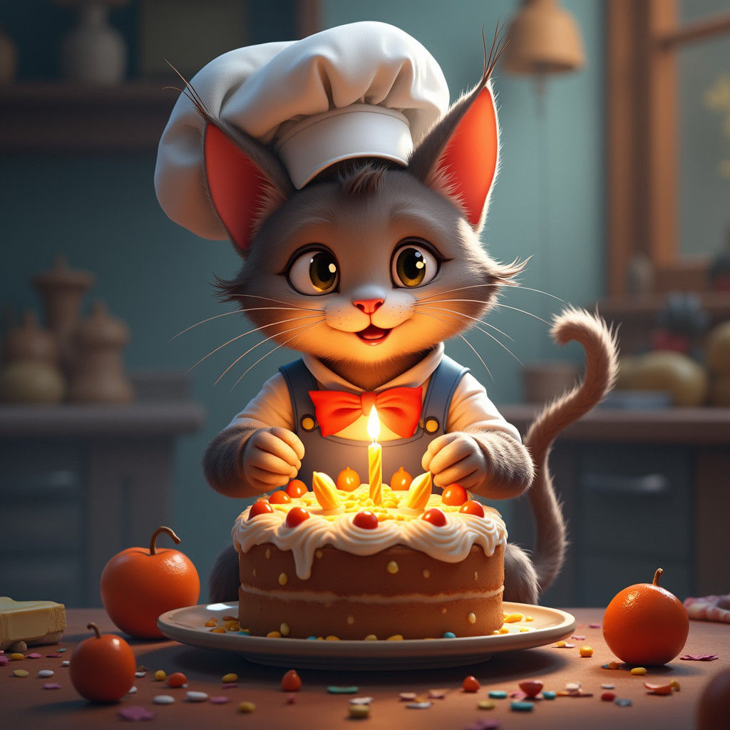Adorable Cat Chef Celebrates a Birthday in Matte Painting