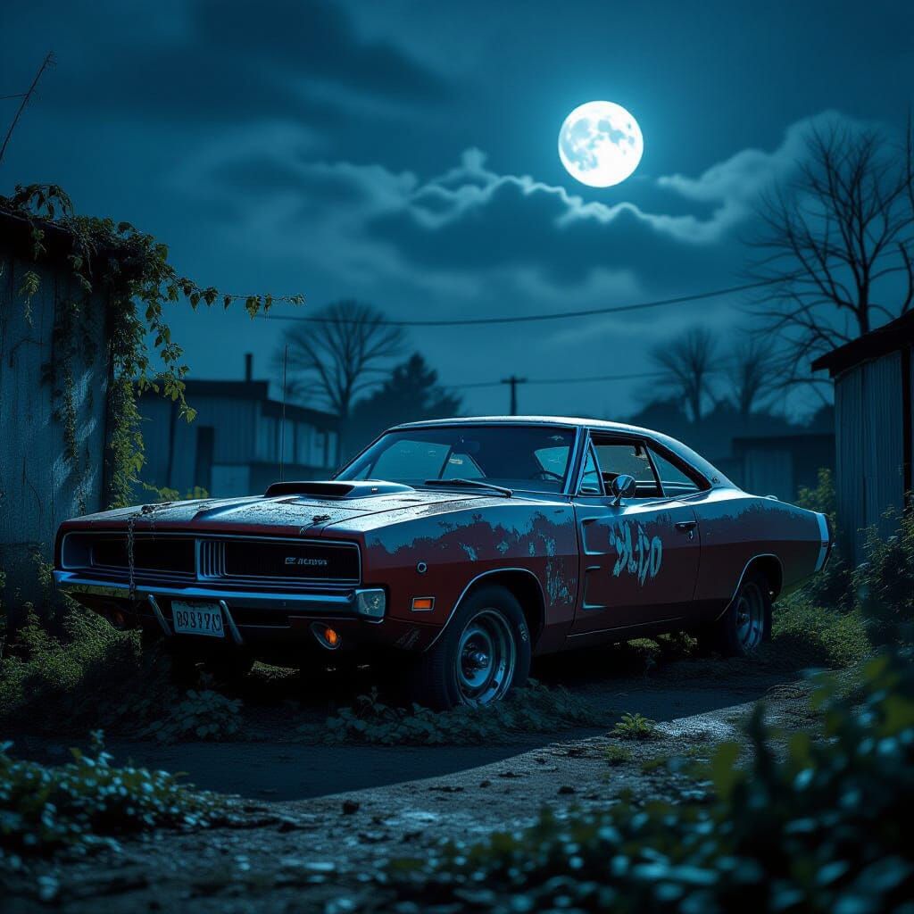 Abandoned 1969 Dodge Charger in Moonlit Junkyard