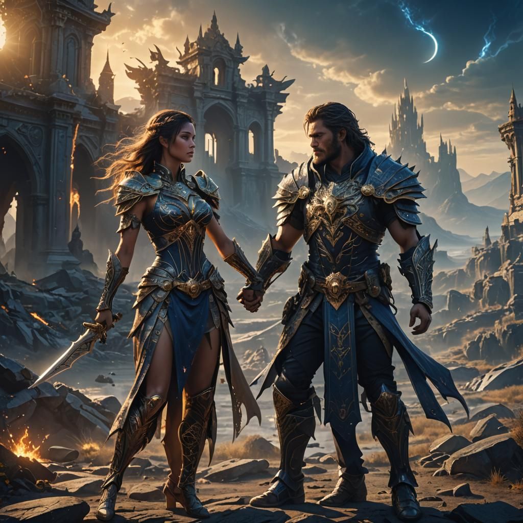 Fantasy Embrace in a Battle-Scarred Landscape