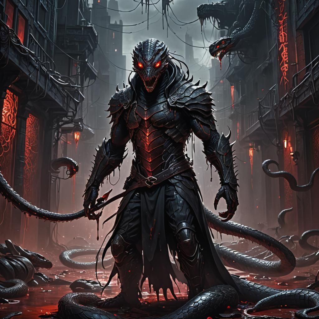 Ominous Half-Snake Creature in Dark Fantasy Art