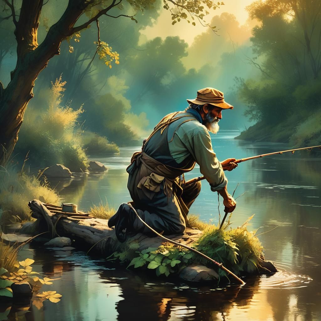Fisherman in Serene River Landscape, Alphonse Mucha Style