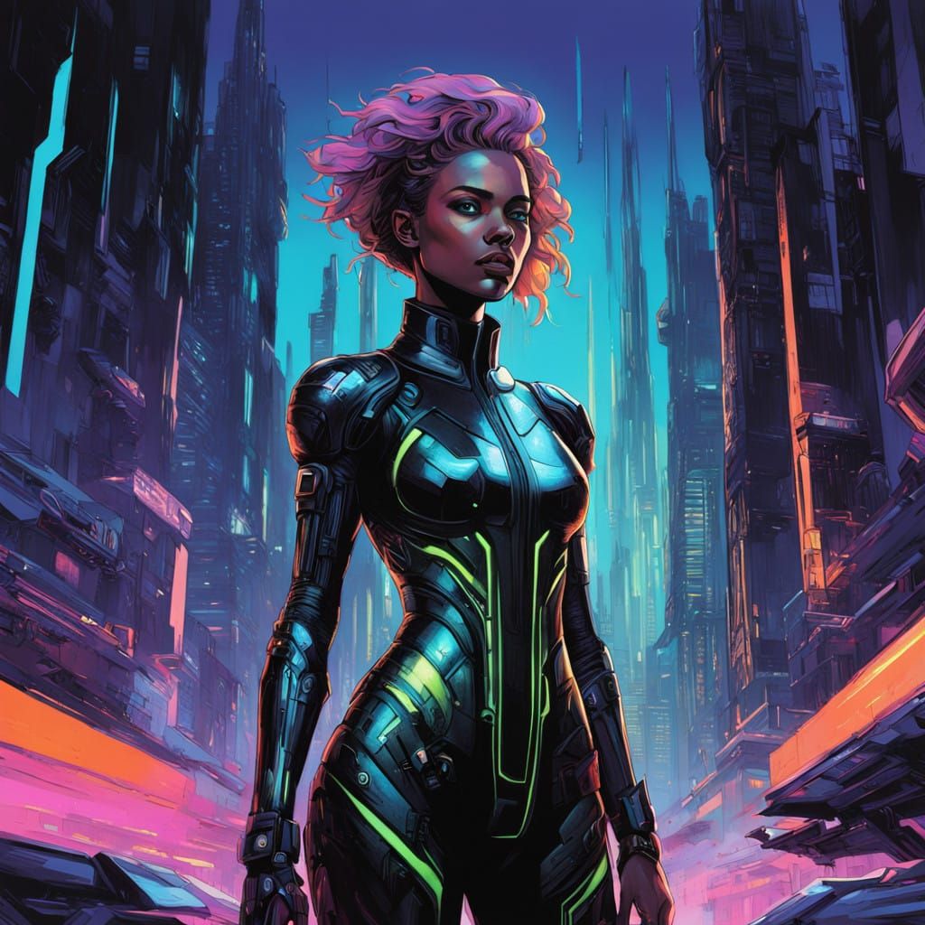 Cyberpunk Goddess in Hyperrealistic Metropolis
