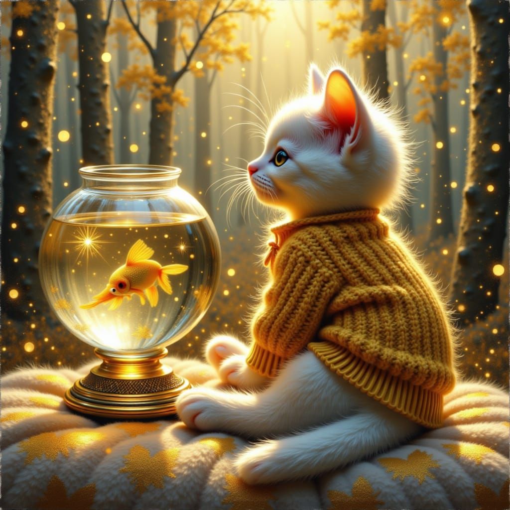 Whimsical Gold Kitten Watches Fish in Enchanted Aquarium
