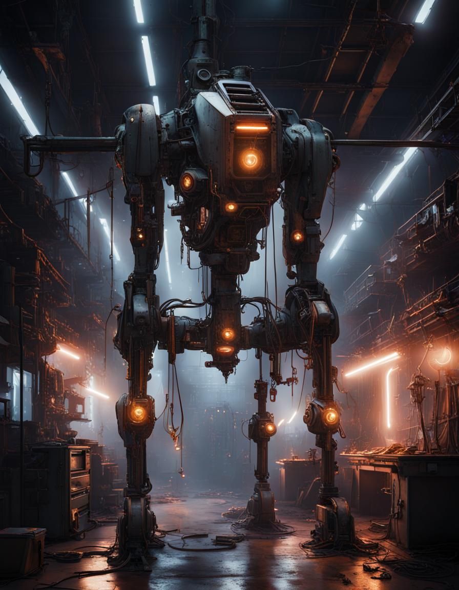 Neon-Lit Rusty Workshop with Futuristic Mech