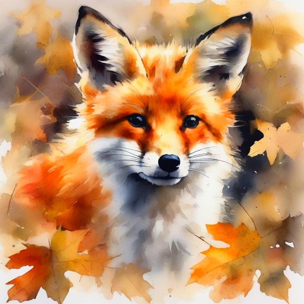 Playful Fox Cub in Autumn Leaves Watercolor Painting