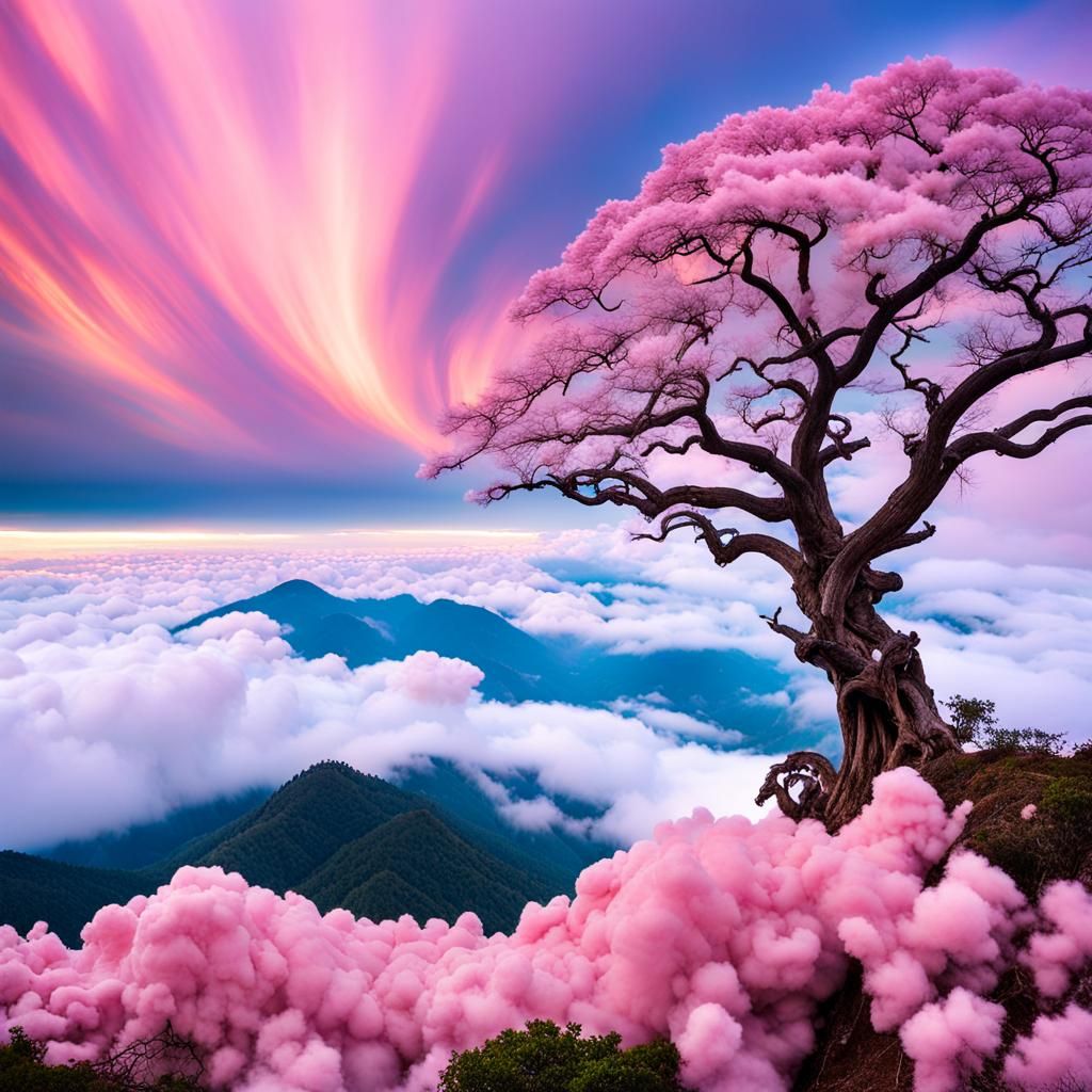 Dreamlike Cloudscape with Giant Tree and Baby