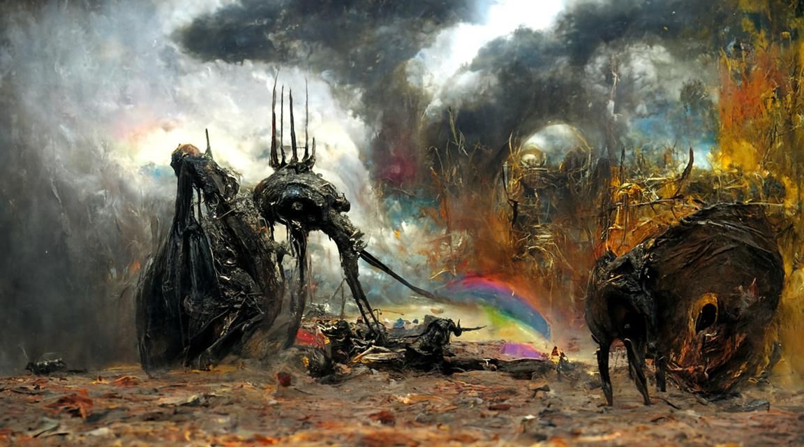 Victorious Rainbow Space War: A Hyperrealistic Painting