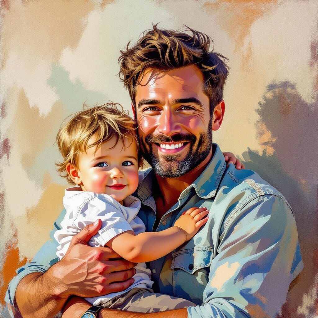 Father and Son: Impressionist Mixed Media Painting