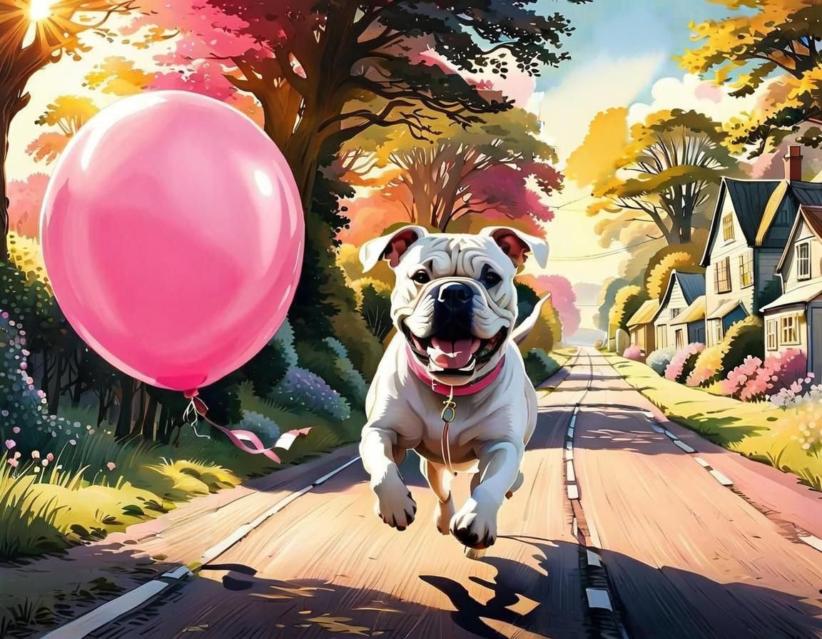 Bulldog's Joyful Chase After Escaping Balloon